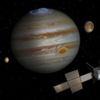 Eine Abbildung zeigt die Sonde „Juice“, den Jupiter und die Monde Ganymed (l-r), Io, Europa und Kallisto. Der Start der Sonde ist für den 13. April vom Weltraumbahnhof Kourou in Französisch Guayana geplant.