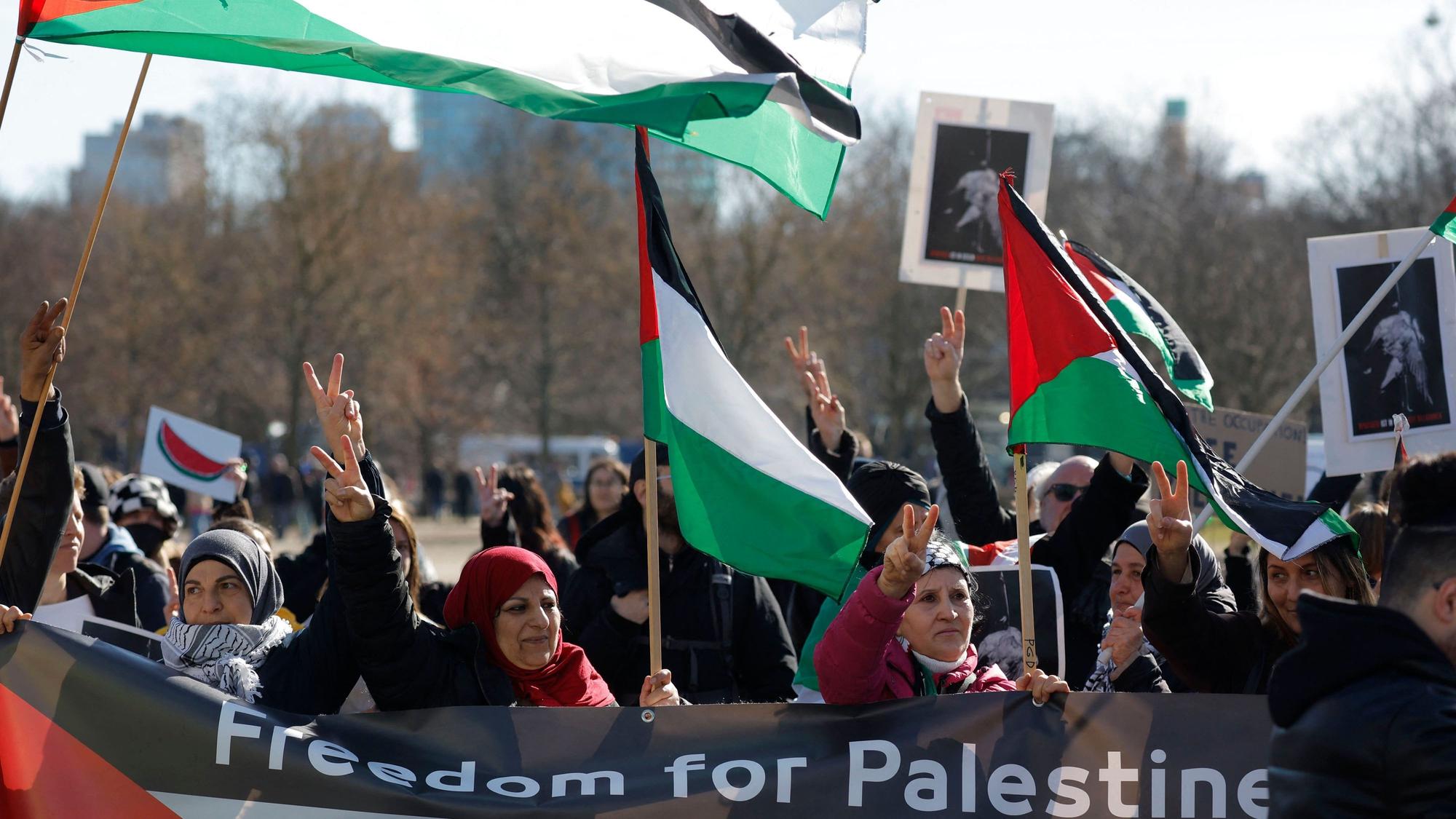 Demonstrators hold flags of Palestine as they protest on March 16, 2023 in front of the Bundestag (lower house of German parliament) in Berlin against the policy of Israeli Prime Minister Benjamin Netanyahu