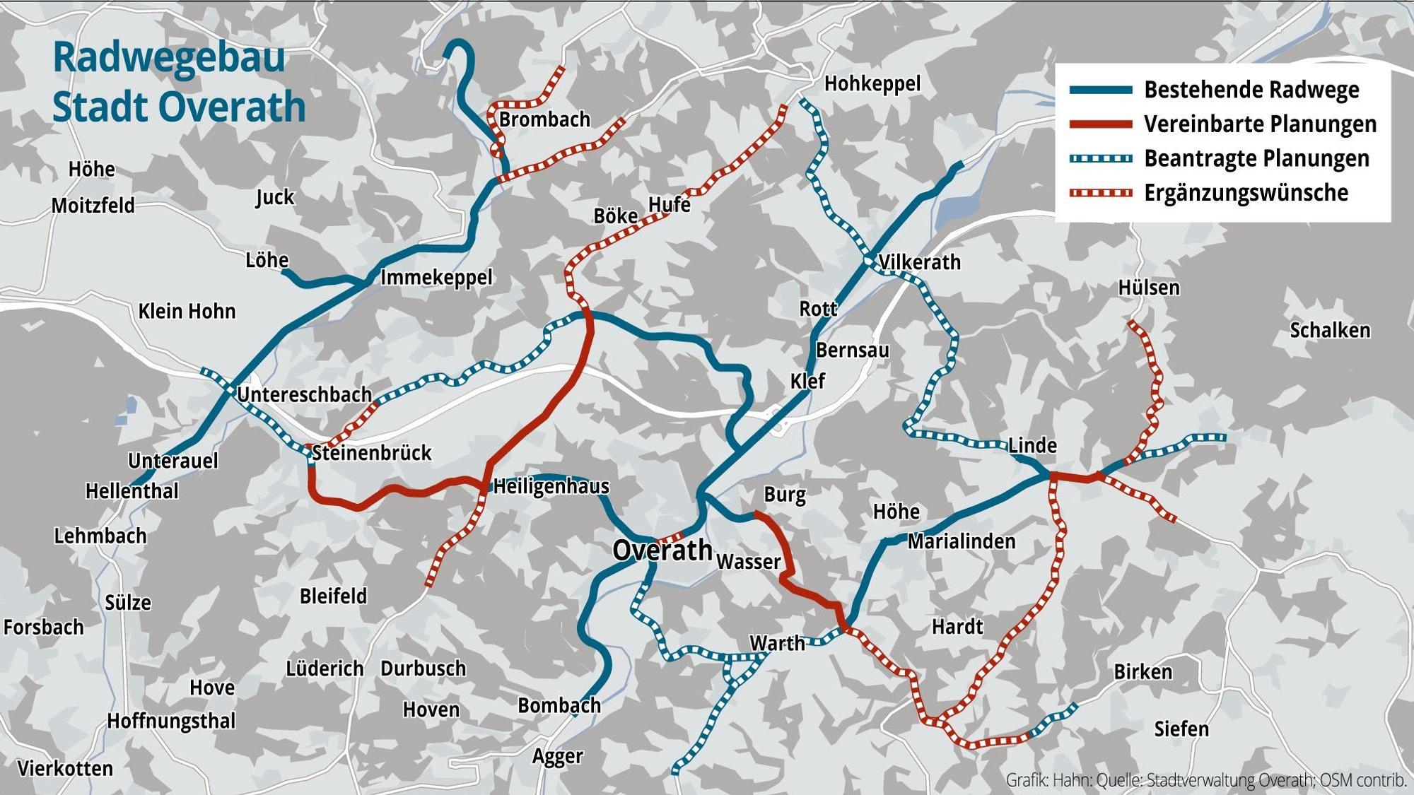 Verschiedene Linien zeigen die Planung der Radwege in Overath.