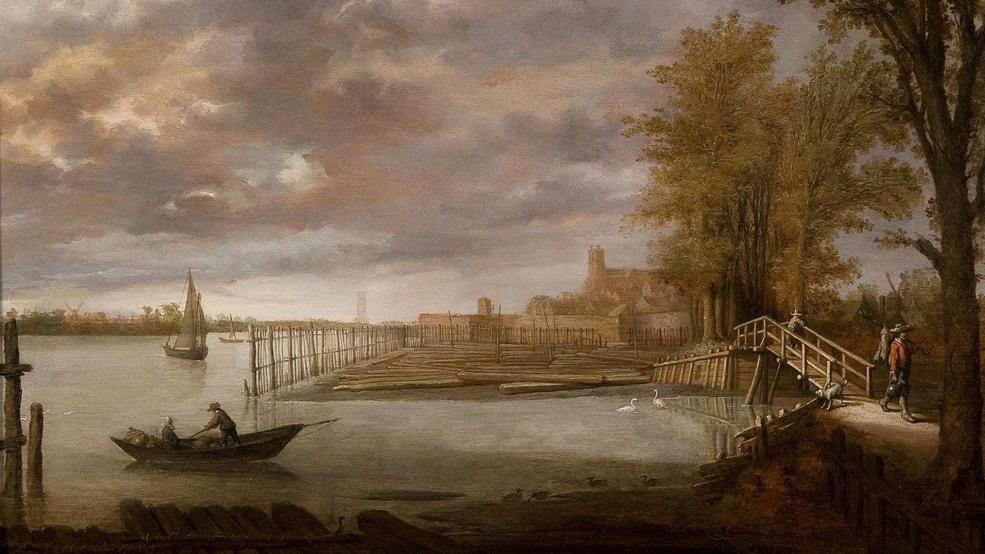 Holzlager nahe Dordrecht von Albert Cuyp (1634) in der Ausstellung Goldene Zeiten niederländische Künstler im Arp Museum.