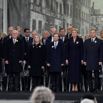Front from right, Polish President Andrzej Duda, Agata Kornhauser-Duda, Israel's President Isaac Herzog, Michal Herzog, German President Frank-Walter Steinmeier and Elke Buedenbender attend a 'Warsaw Ghetto Uprising' commemoration reception in Warsaw, Poland, Wednesday, April 19, 2023. Presidents and Holocaust survivors and their descendants are marking the 80th anniversary of the Warsaw Ghetto Uprising. The anniversary honors the hundreds of young Jews who took up arms in Warsaw in 1943 against the overwhelming might of the Nazi German army. (AP Photo/Czarek Sokolowski)