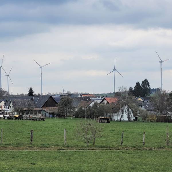Blick auf Schöneseiffen mit den Windrädern im Hintergrund.