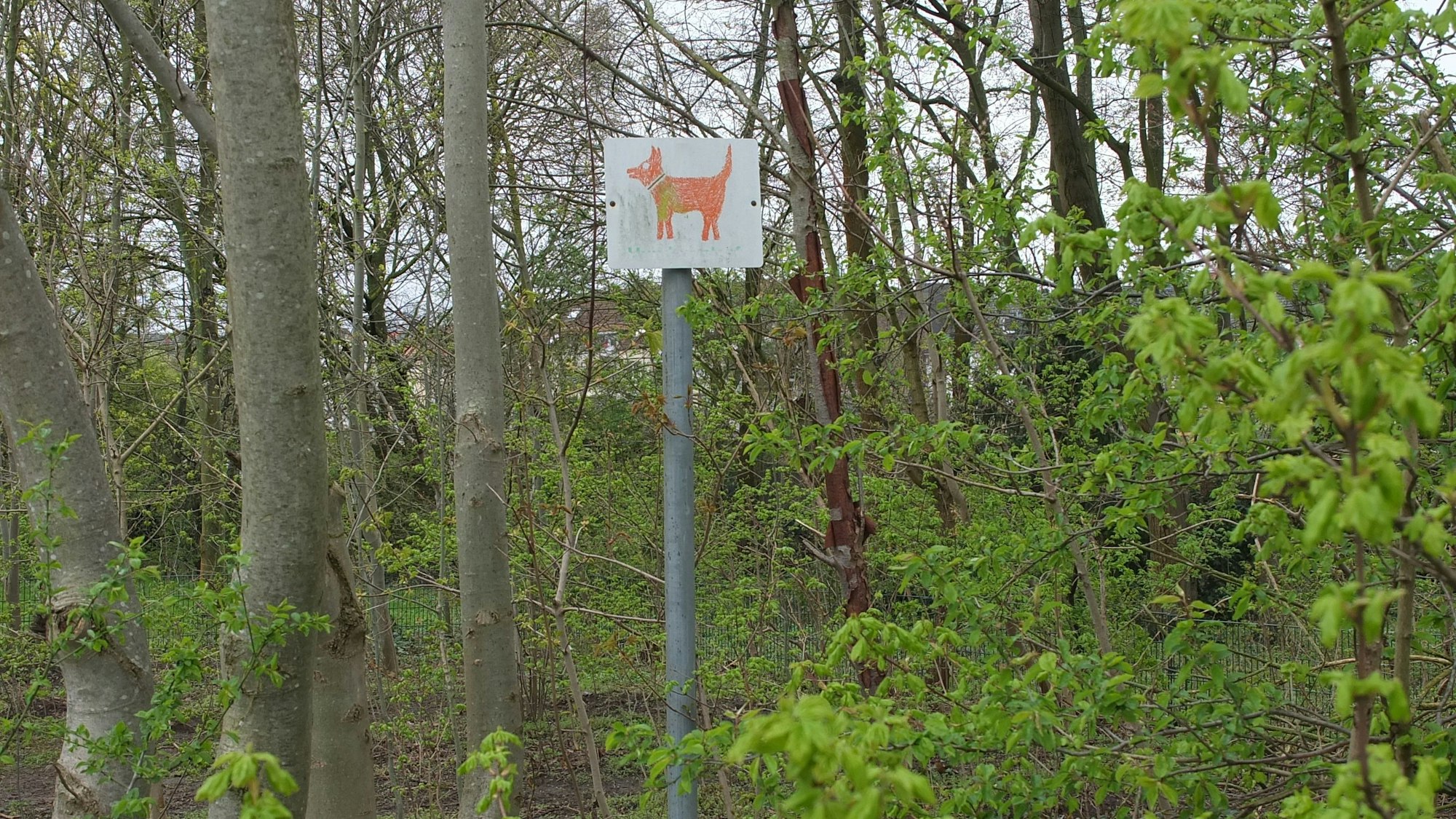 Ein Schild, auf dem ein Hund abgebildet ist inmitten von Bäumen und Gebüschen.