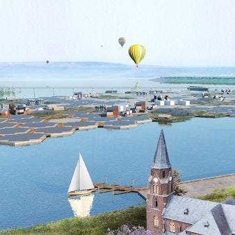 Sonnenkollektoren in der Manheimer Bucht: So könnte der künftige Hambacher See im Braunkohlentagebau Hambach aussehen.