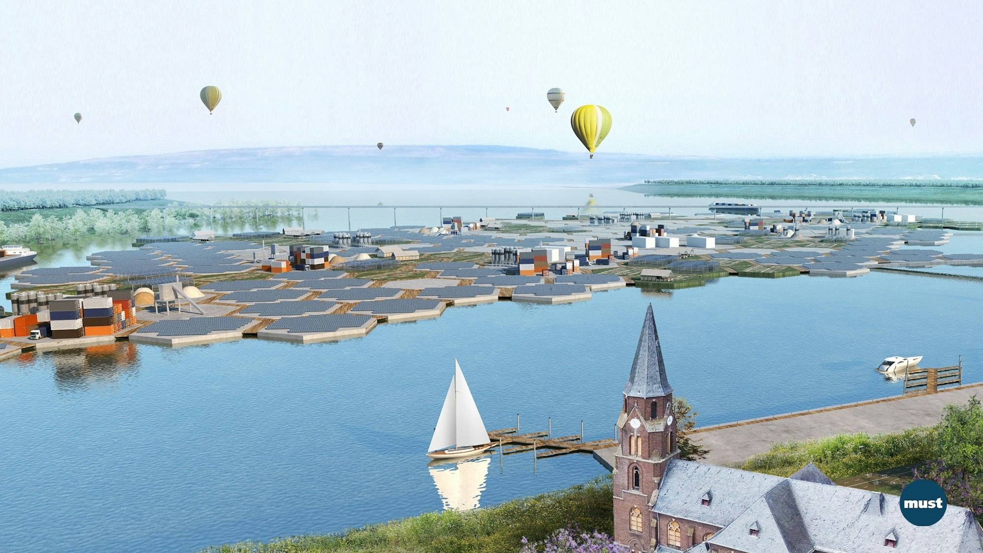 Sonnenkollektoren in der Manheimer Bucht: So könnte der künftige Hambacher See im Braunkohlentagebau Hambach aussehen.