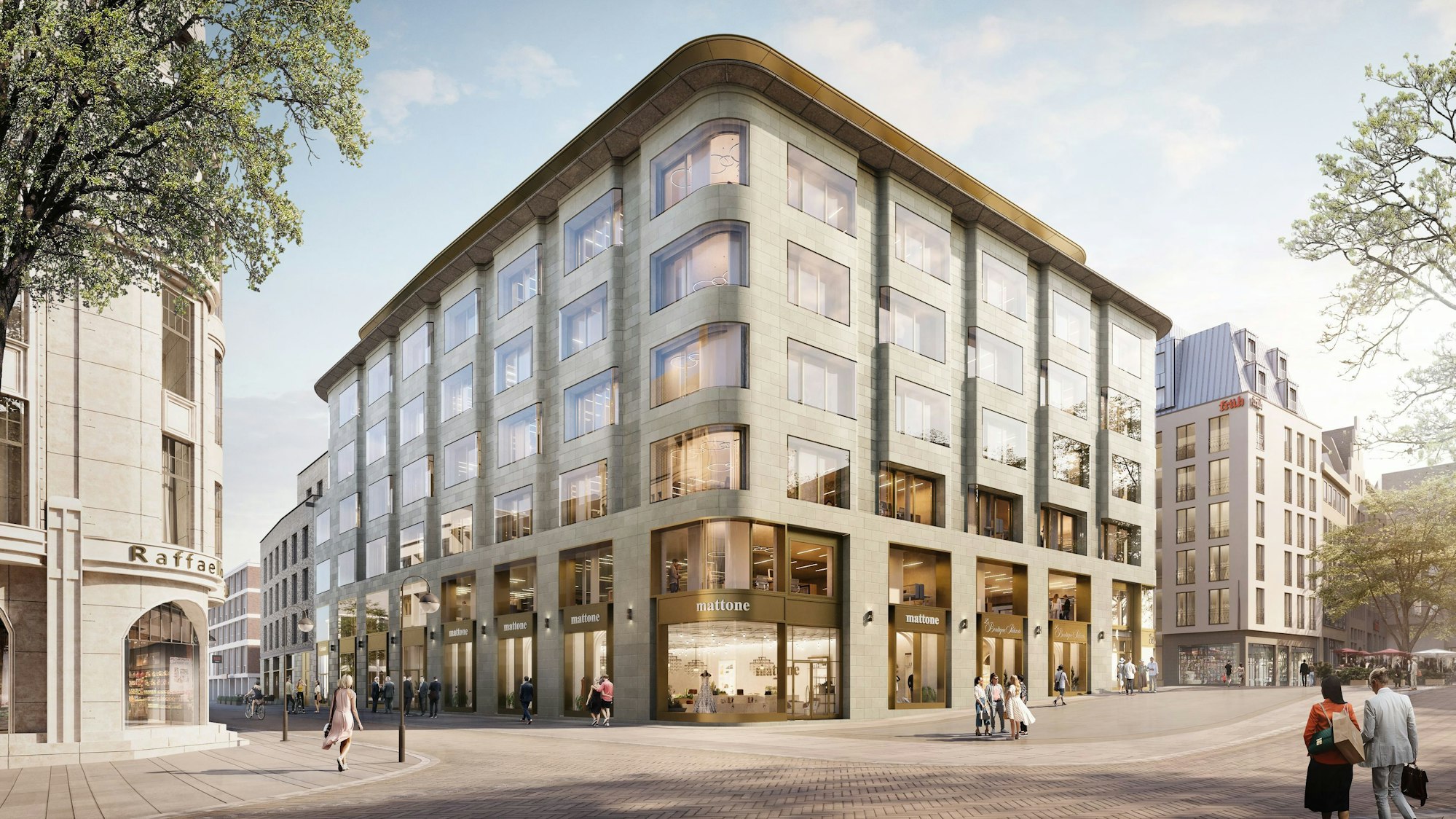 Das Bild zeigt eine digitale Visualisierung des geplanten Laurenz-Carrés mit Fußgängern.