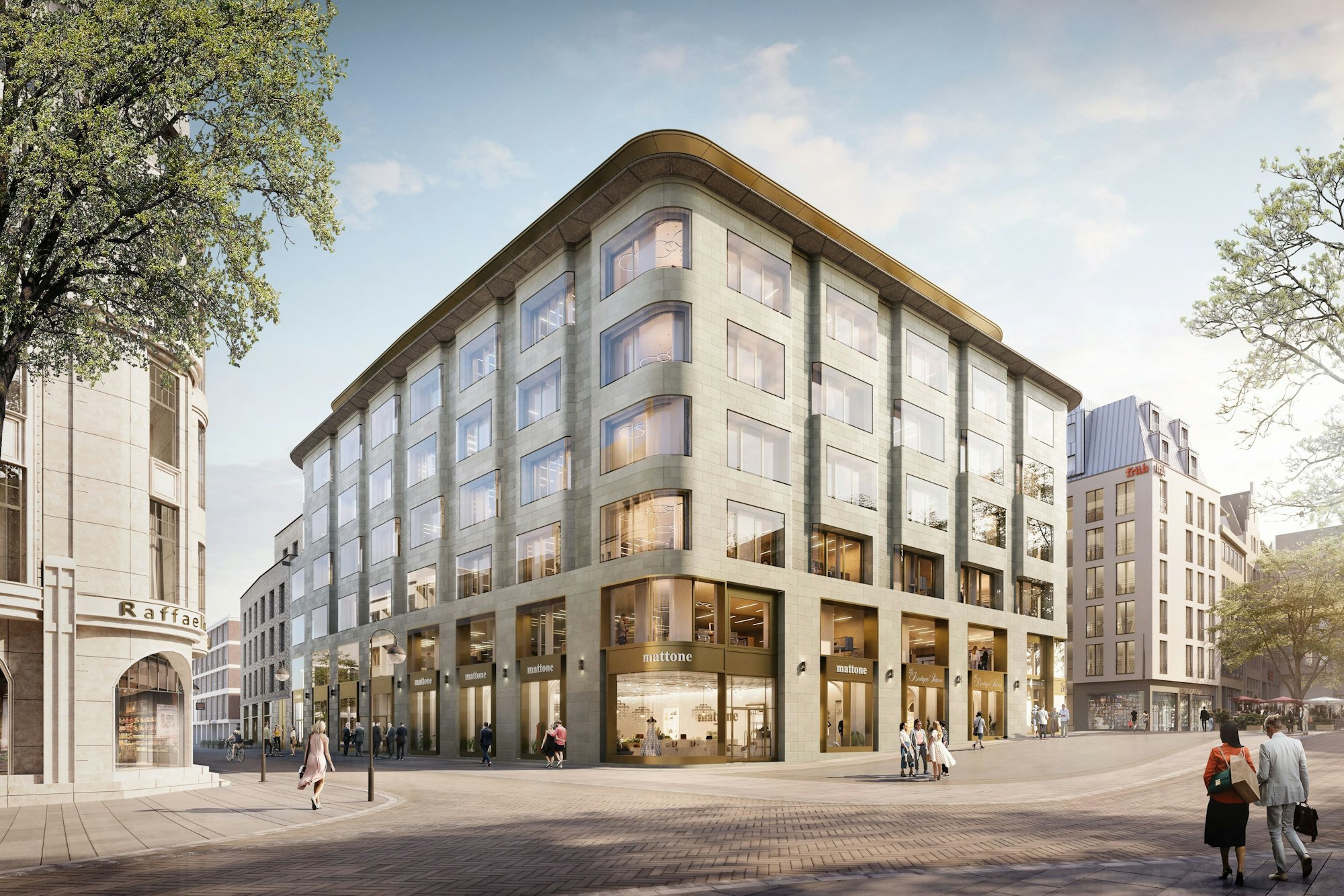 Die Visualisierung zeigt den Neubau des Laurenz Carré gegenüber des Roncalliplatzes. Der Bau hat hohe Glasfassaden und abgerundete Ecken.
