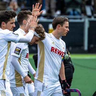 Hockey, EHL, Amsterdam, Wagener Stadion, Euro Hockey League, Rot Weiß Köln - Hamburger Polo Club 07.04.23, Team Jubel Amstelveen Amsterdamse Bos Noord-Holland Niederlande *** Field hockey, EHL, Amsterdam, Wagener Stadium, Euro Hockey League, Red White Cologne Hamburger Polo Club 07 04 23, Team Jubel Amstelveen Amsterdamse Bos Noord Holland Netherlands E6K9NCP