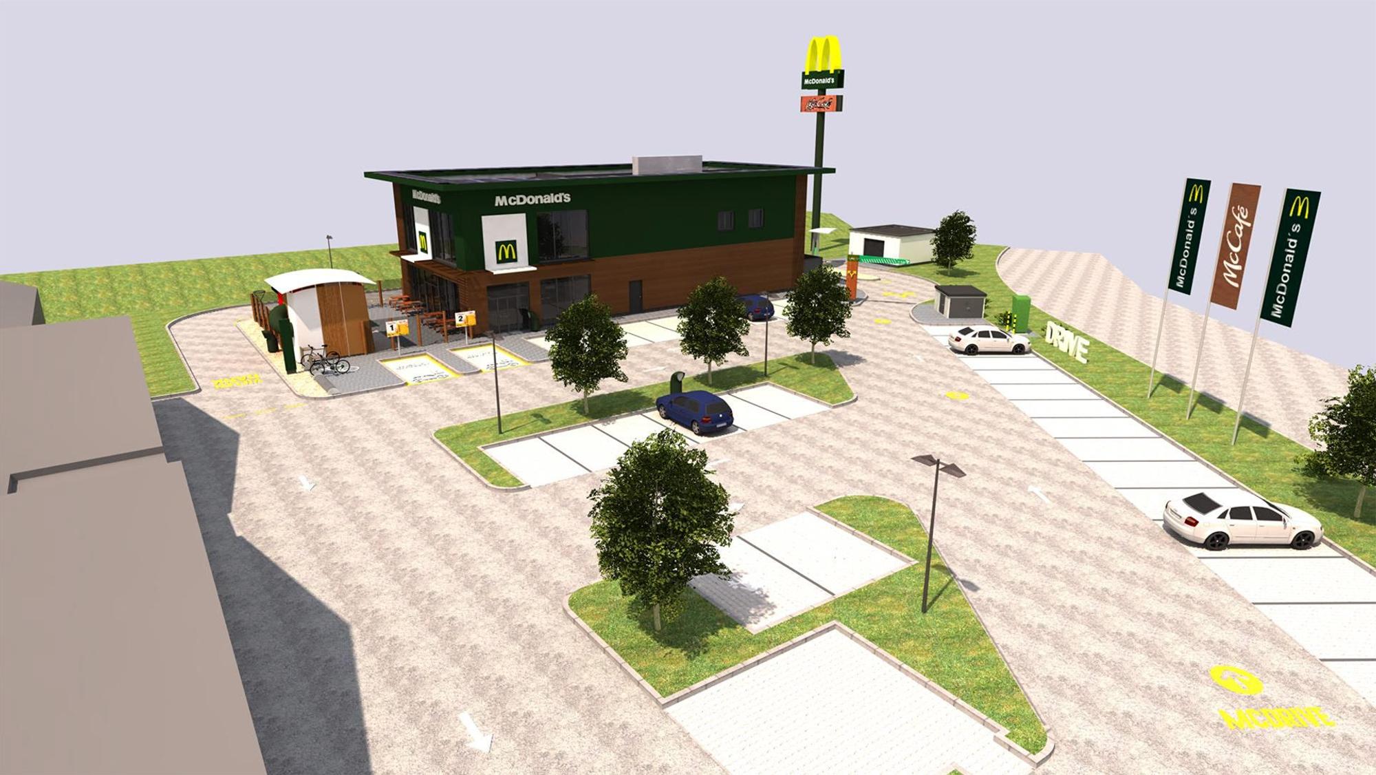Visualisierung der McDonald's Filiale auf dem Parkplatz.