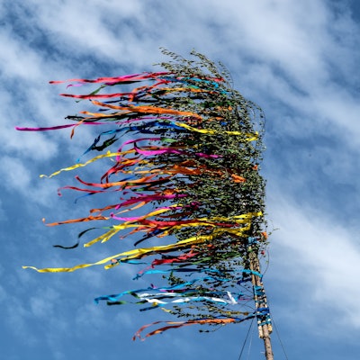 Bunte Bänder eines Maibaumes flattern vor blauem Himmel.