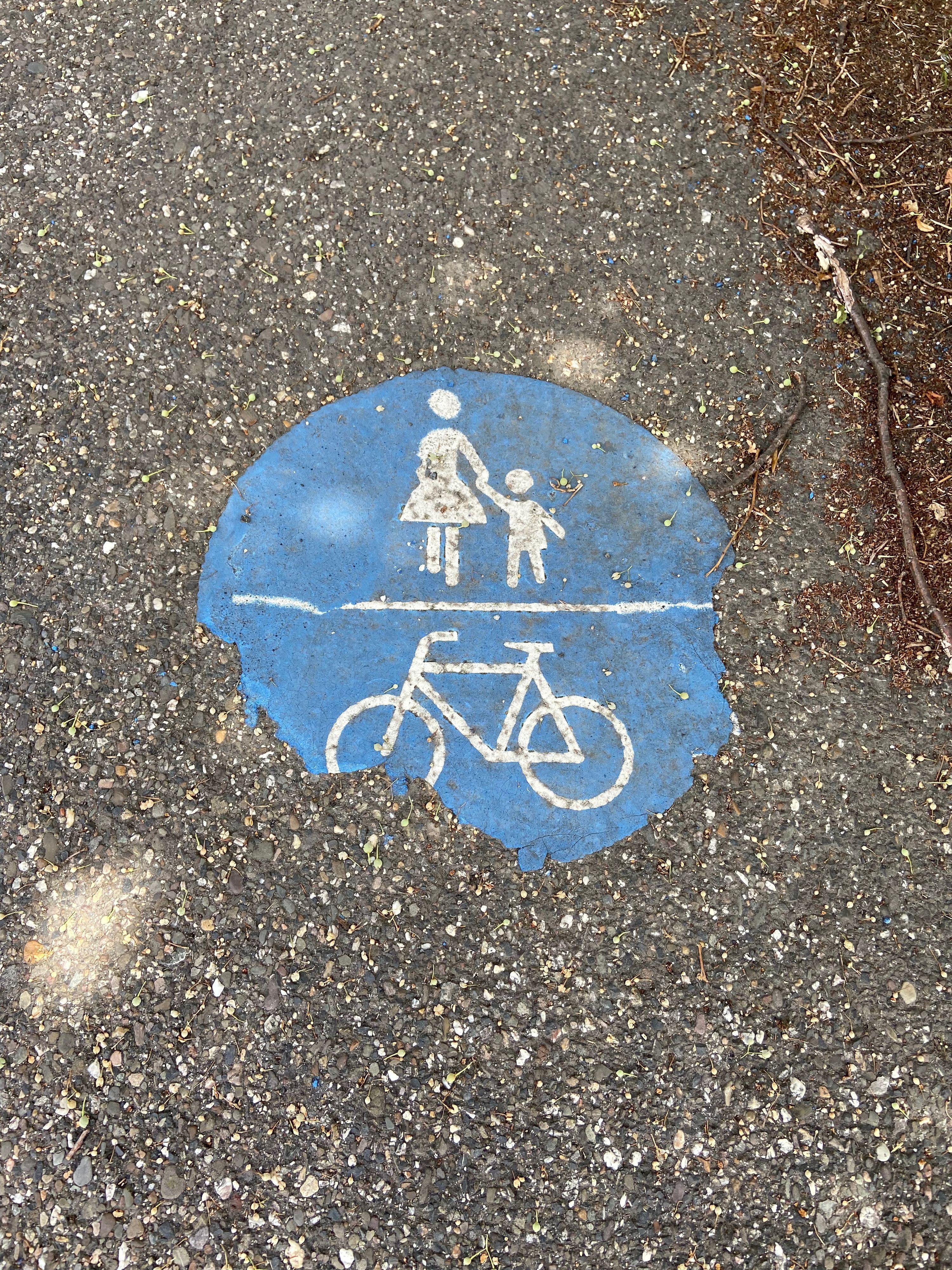 Das Foto zeigt ein Piktogramm auf einem kombinierten Rad- und Fußgängerweg. Die blaue Farbe ist abgesplittert: Ein Sinnbild für die unzureichende Fahrradinfrastruktur im Rhein-Erft-Kreis.