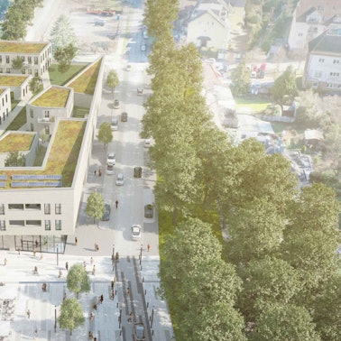 Entwurf des neuen Burscheider Einzelhandelskomplexes zwischen Montanusstraße (rechts) und Radweg (links).