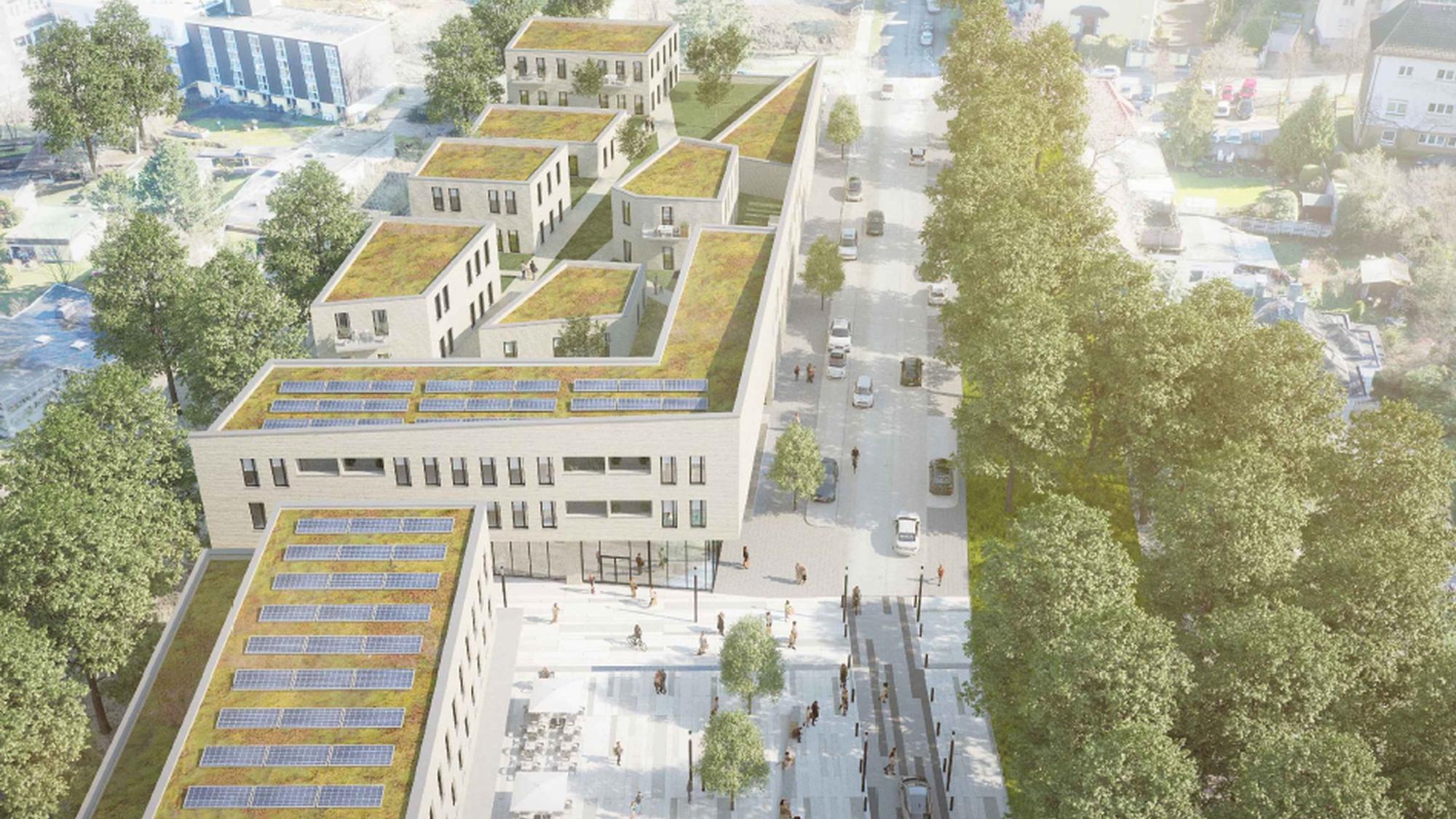 Entwurf des neuen Burscheider Einzelhandelskomplexes zwischen Montanusstraße (rechts) und Radweg (links).