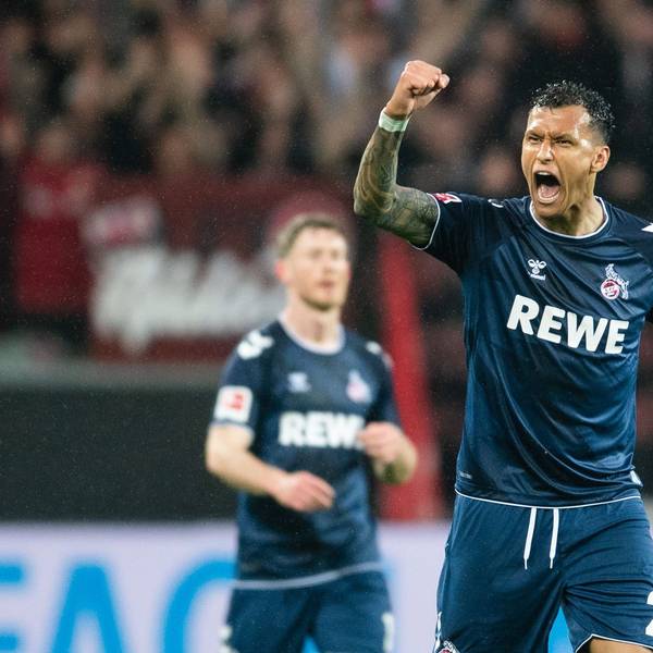 05.05.2023, Nordrhein-Westfalen, Leverkusen: Fußball: Bundesliga, Bayer Leverkusen - 1. FC Köln, 31. Spieltag, BayArena. Kölns Torschütze Davie Selke jubelt nach seinem Treffer zur 1:0 Führung. Foto: Marius Becker/dpa -