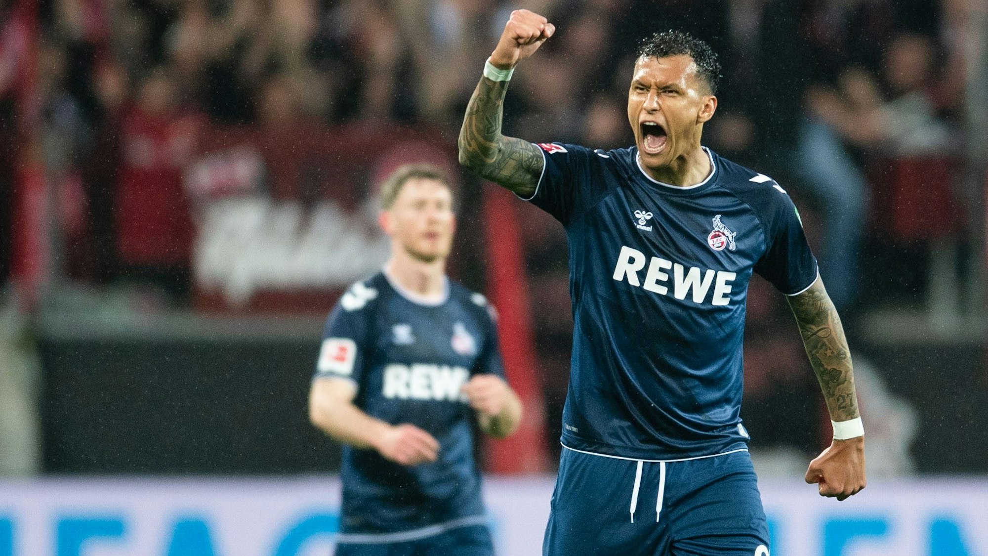 05.05.2023, Nordrhein-Westfalen, Leverkusen: Fußball: Bundesliga, Bayer Leverkusen - 1. FC Köln, 31. Spieltag, BayArena. Kölns Torschütze Davie Selke jubelt nach seinem Treffer zur 1:0 Führung. Foto: Marius Becker/dpa -