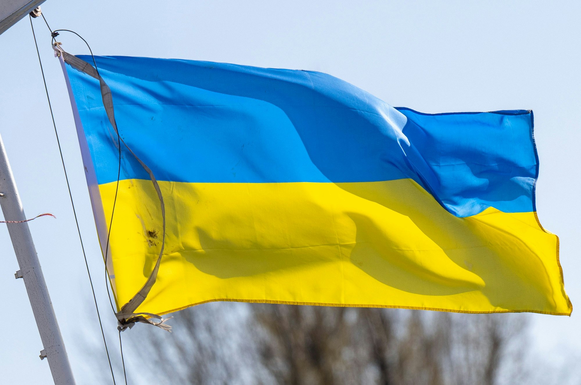 Die Flagge der Ukraine weht im Wind auf einem Schiffsmast.