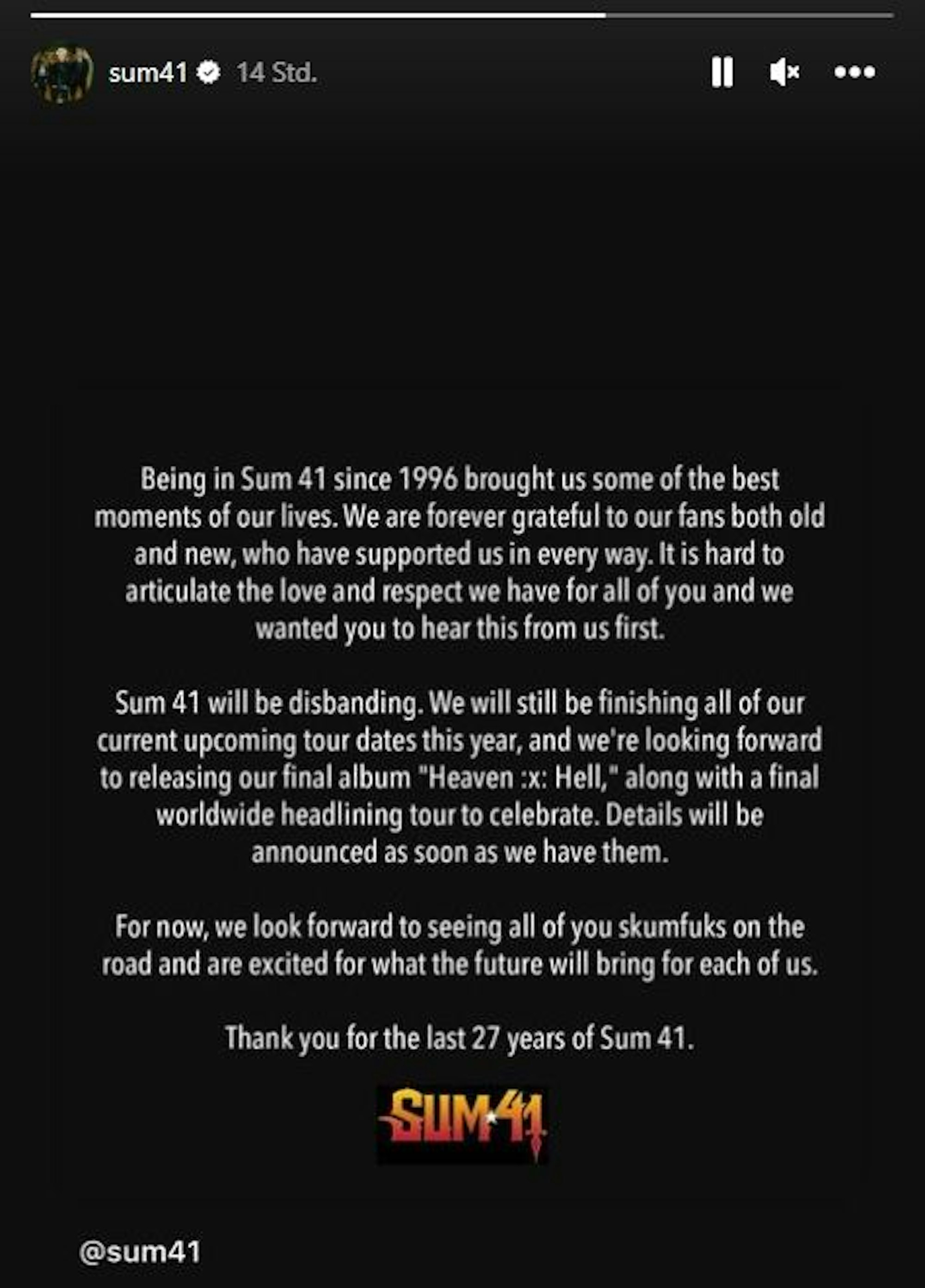 Botschaft an die Fans: Sum 41 gibt auch via Instagram-Story ihre Trennung bekannt.