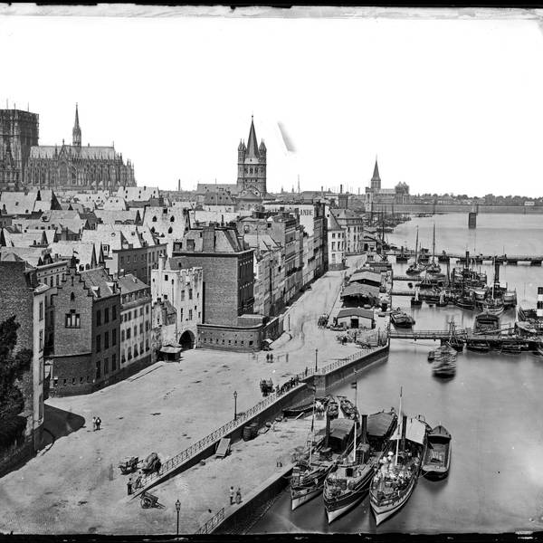 Anselm Schmitz schuf um 1875 diese Ansicht des Rheinufers mit dem unvollendeten Dom.