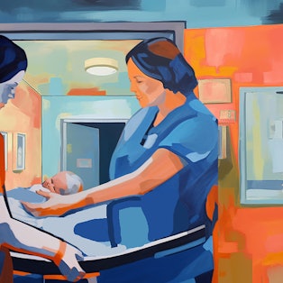 Grafik zweier Hebammen mit einem Baby