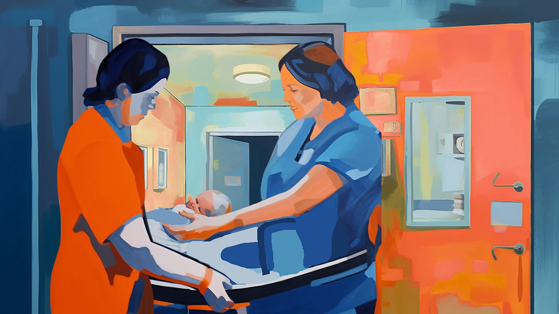 Grafik zweier Hebammen mit einem Baby