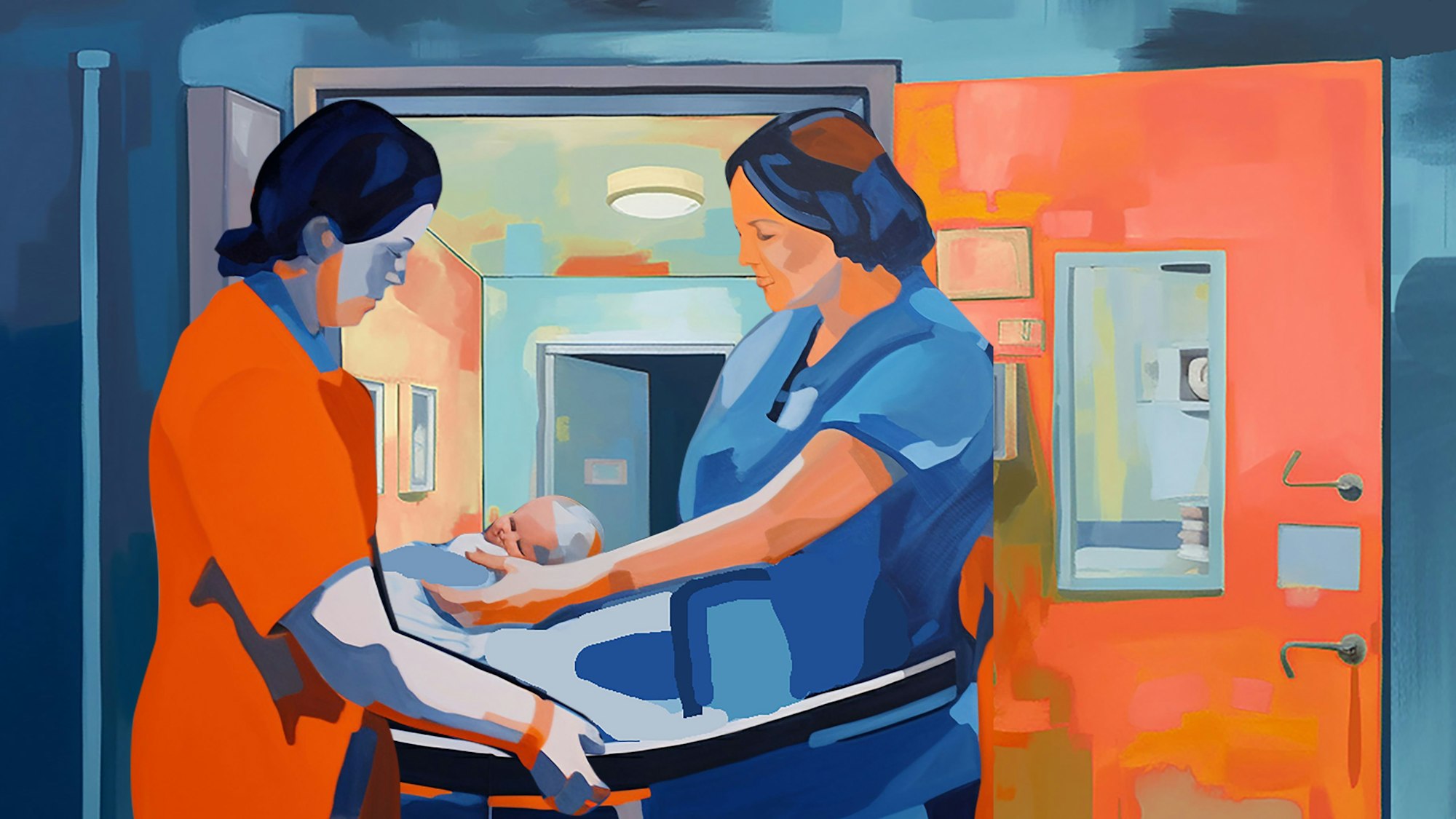 Grafik zweier Hebammen mit einem Baby