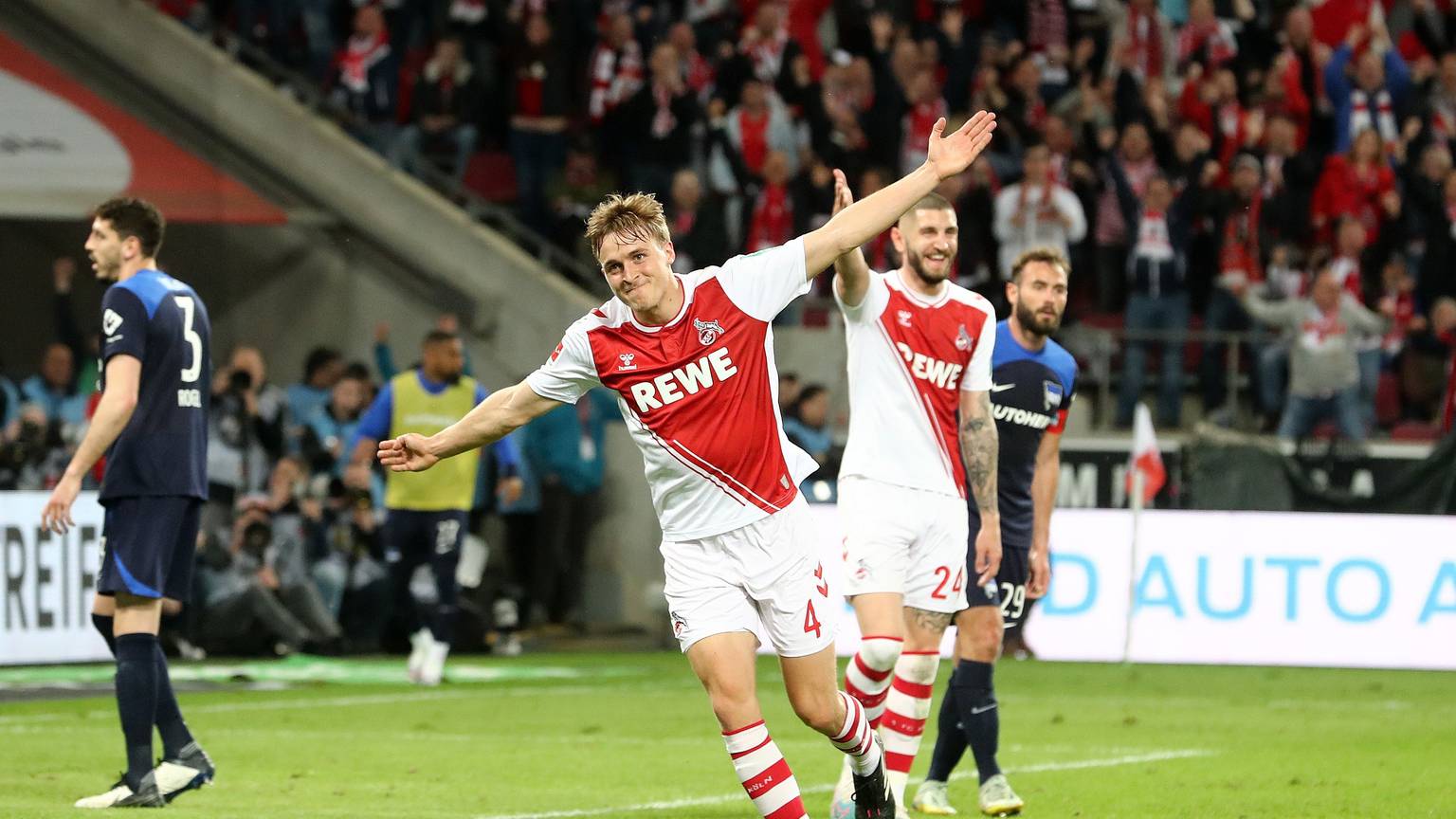 1.FC Köln vs. Hertha BSC Berlin, 32. Spieltag, 12.05.2023, 20.30 Uhr, Jubel nach dem Tor zum 4:2 durch Timo Hübers (links, 1. FC Köln), Bild: Herbert Bucco