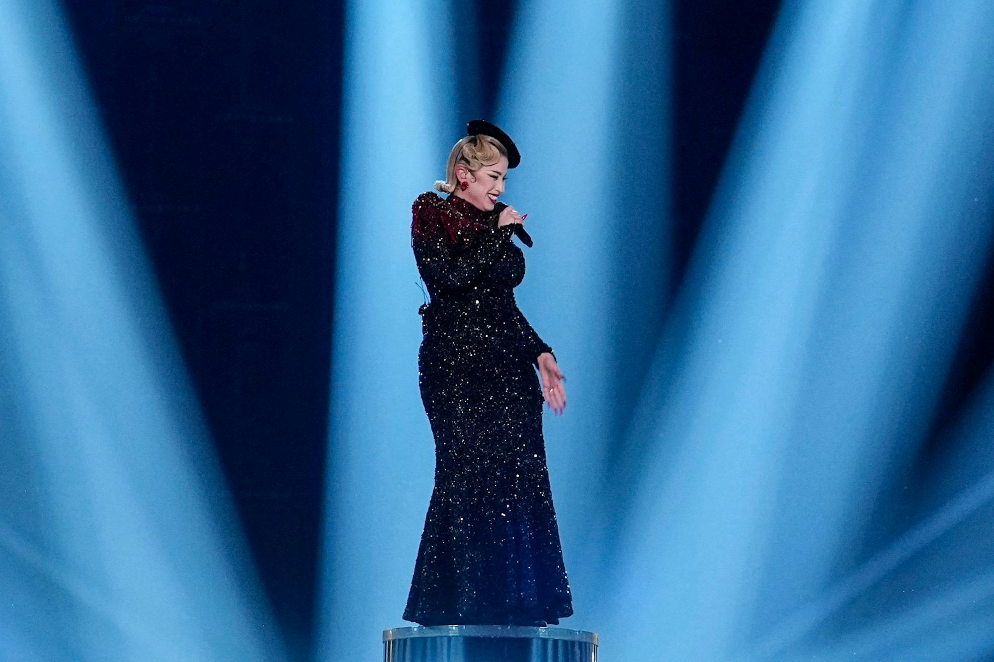 La Zarra of France performs during a dress rehearsal for the Eurovision Song Contest in Liverpool, England, Monday, May 8, 2023. (AP Photo/Martin Meissner)