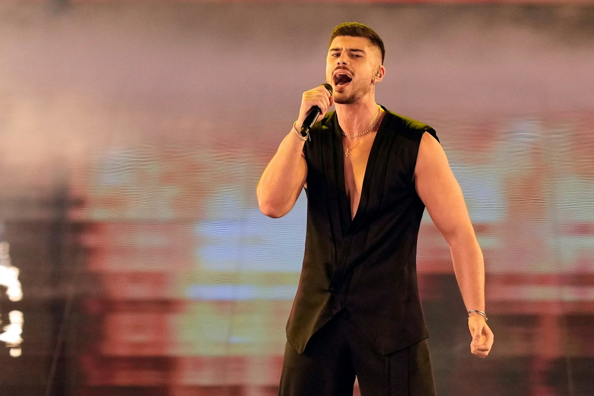 Andrew Lambrou of Cyprus performs during the second semi final at the Eurovision Song Contest in Liverpool, England, Thursday, May 11, 2023. (AP Photo/Martin Meissner)