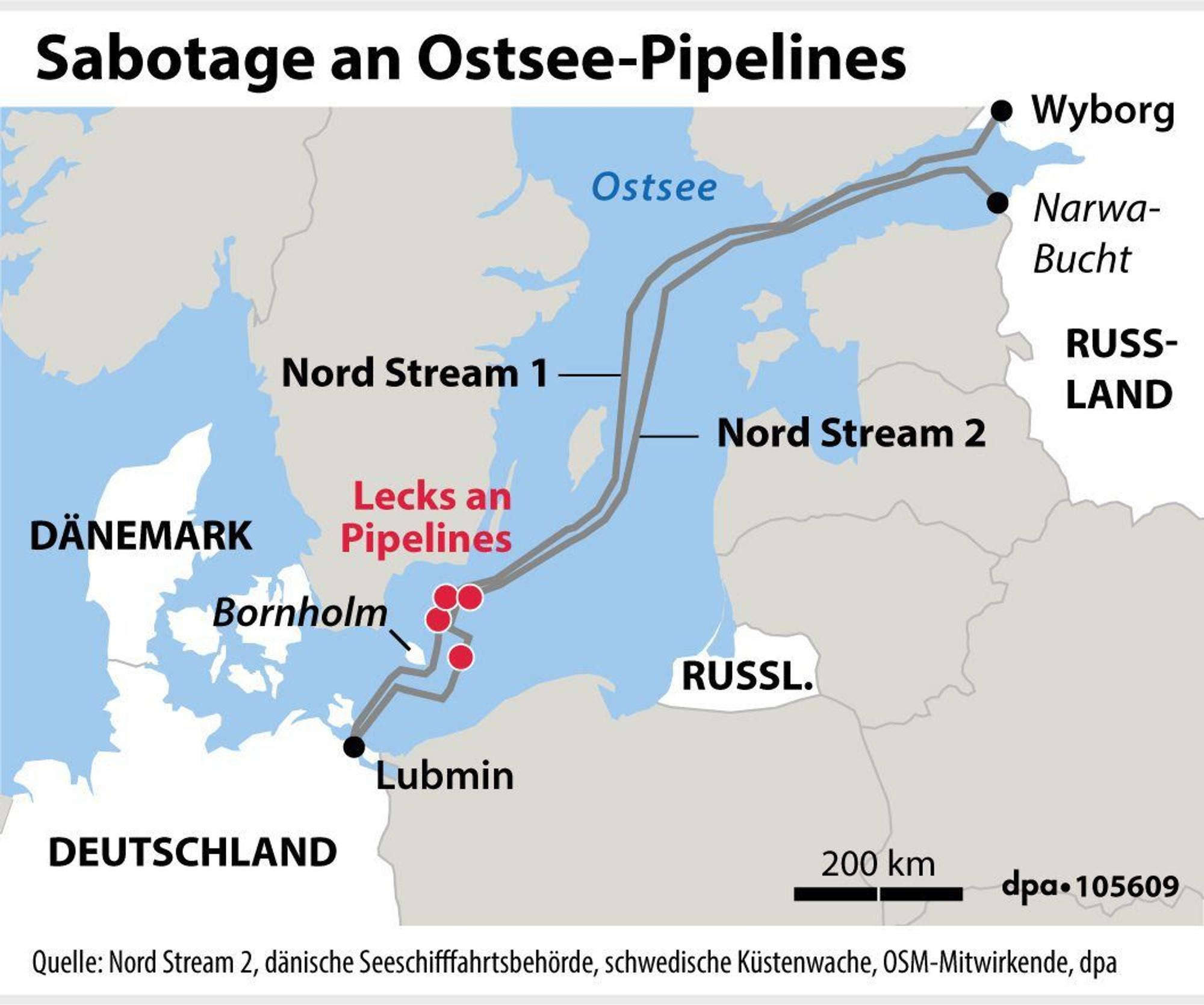 Grafik: Gas-Lecks an Pipelines Nordstream 1 und 2 Ende September 2022.