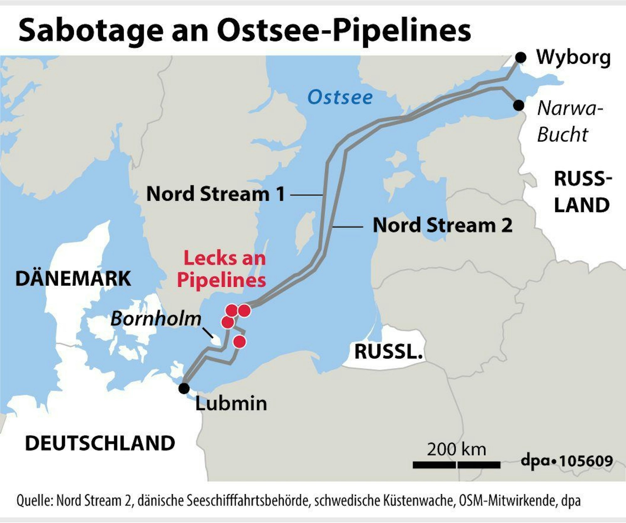 Grafik: Gas-Lecks an Pipelines Nordstream 1 und 2 Ende September 2022.