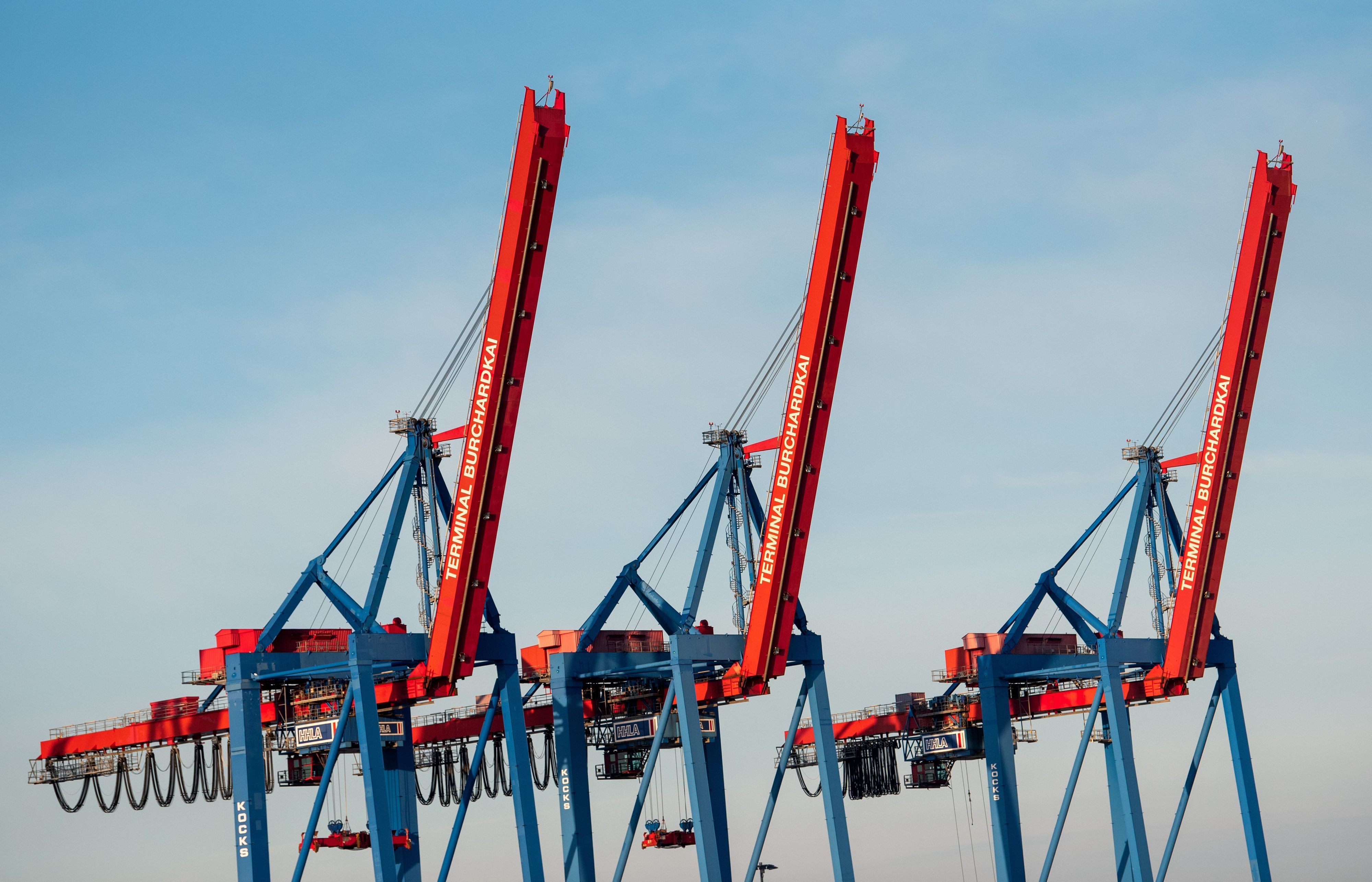 Kräne des Containerterminals Burchardkai in Hamburg. Die EU-Kommission ihre Frühlings-Konjunkturprognose vorgestellt.