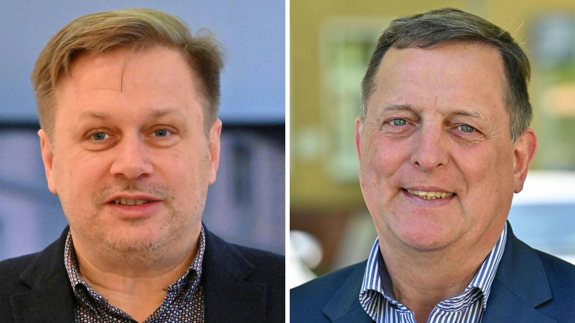 Frank Steffen (l., SPD) hat sich gegen AfD-Kandidat Rainer Galla bei der Wahl des Landrats im brandenburgischen Landkreis Oder-Spree durchgesetzt.