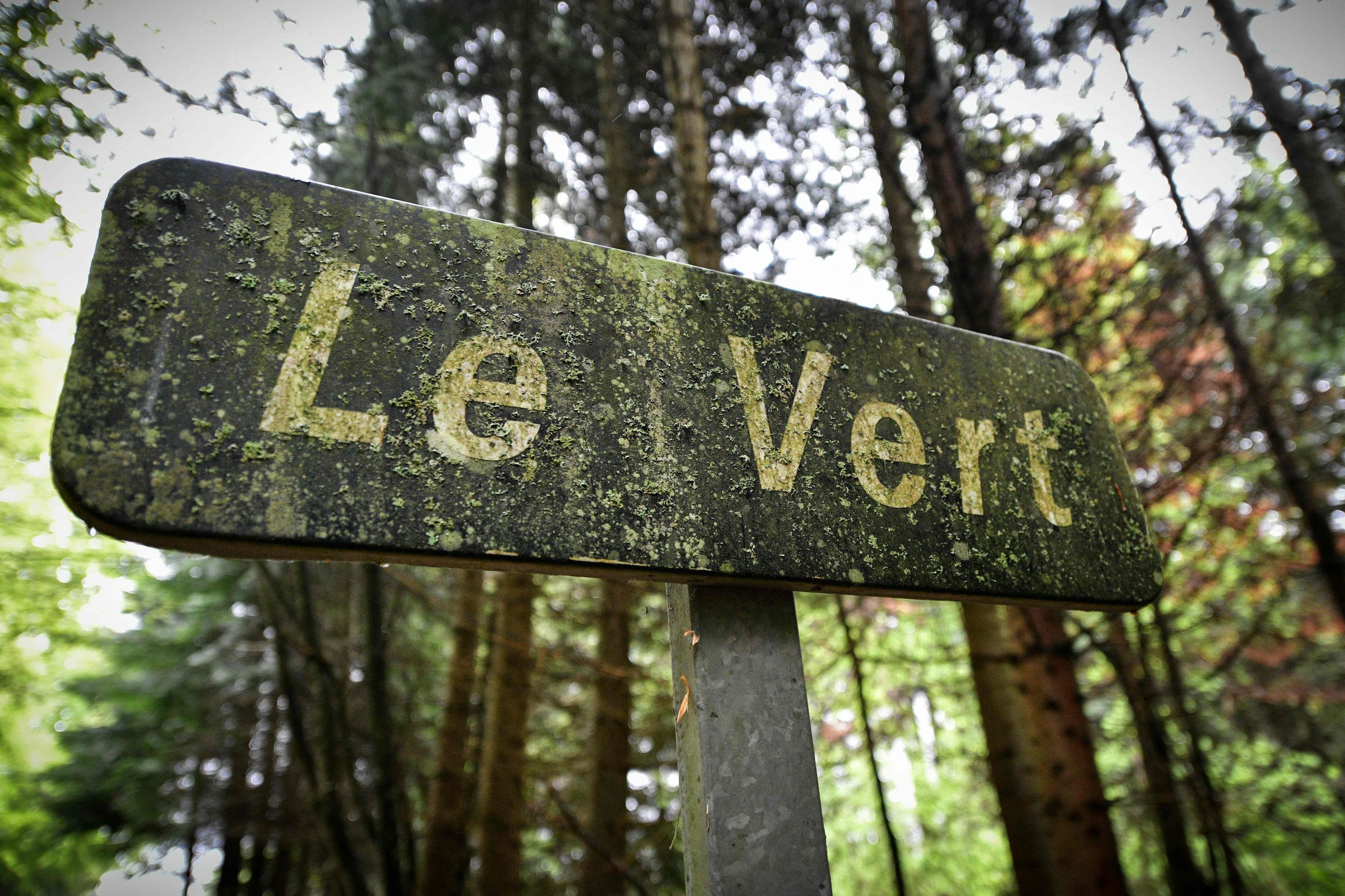 Schild an einem Wald in der Nähe des Ortes Meymac mit der Aufschrift „Le Vert“.