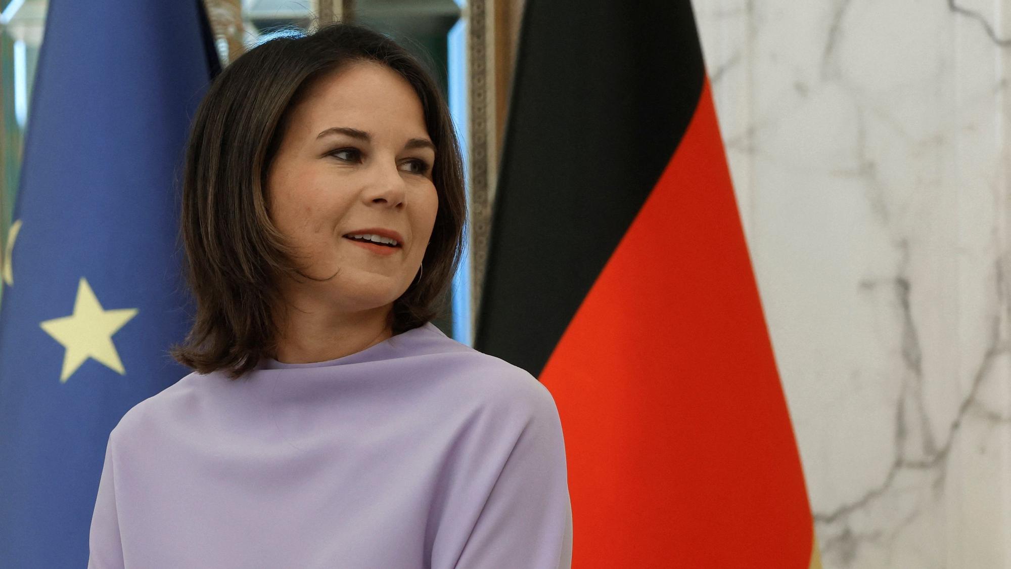 German Foreign Minister Annalena Baerbock attends a joint press conference with her Qatari counterpart in Doha on May 17, 2023. (Photo by KARIM JAAFAR / AFP)