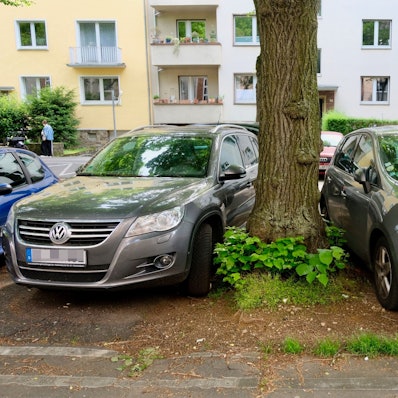 Zwei Autos parken sehr nahe links und rechts von einem Baum.