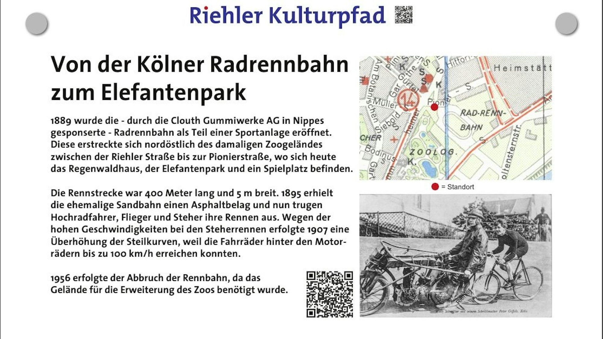 Auf einer Texttafel wird die Geschichte der Kölner Rennbahn erklärt mit Fotos.
