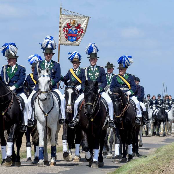 Zu sehen sind Reiter mit einer Flagge.