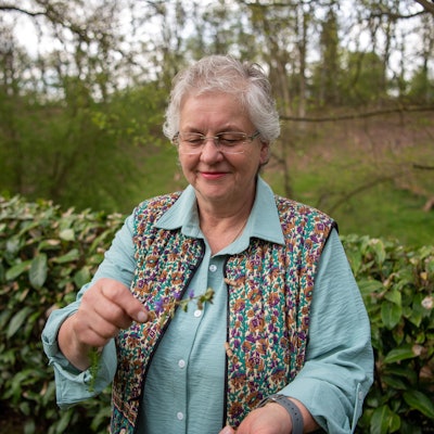 Wildpflanzen-Coach Yvonne Hillbrandt vor einer Hecke.