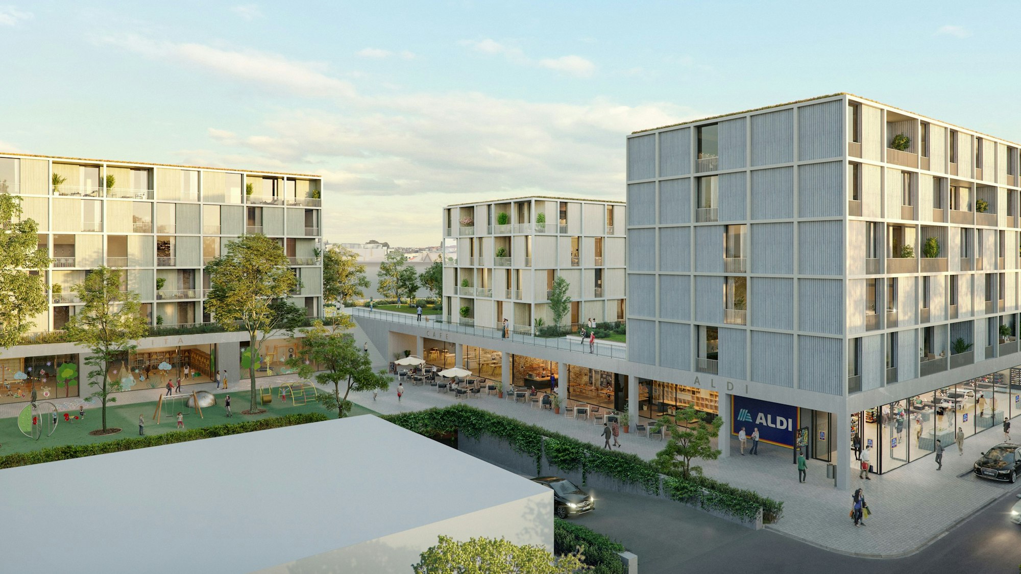 Entwurf für das Neubauprojekt von Aldi am Grünen Weg, mit einem Supermarkt, der in ein Wohnhaus gebaut wird.