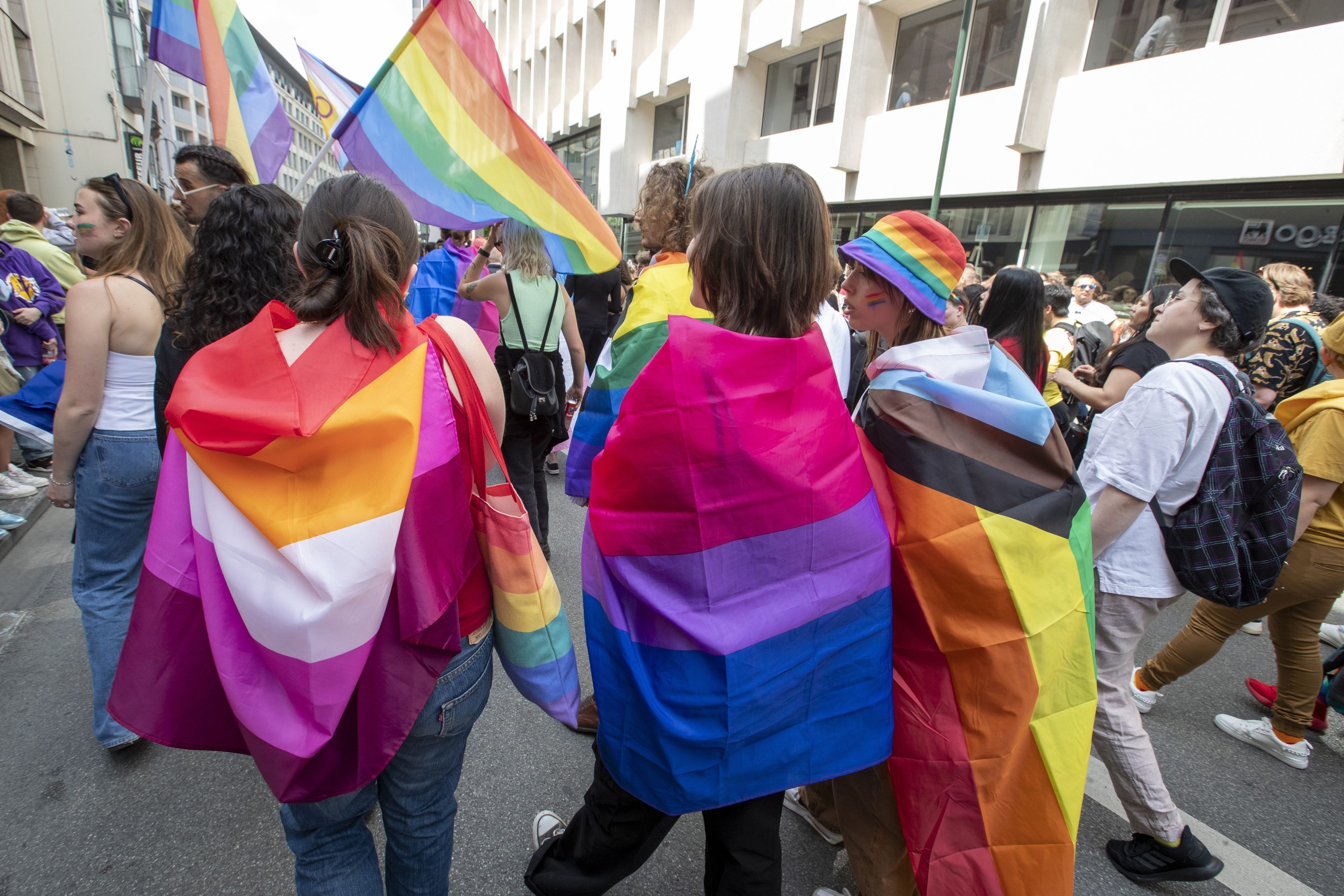 Personen mit Pride-Flaggen. (Symbolbild)