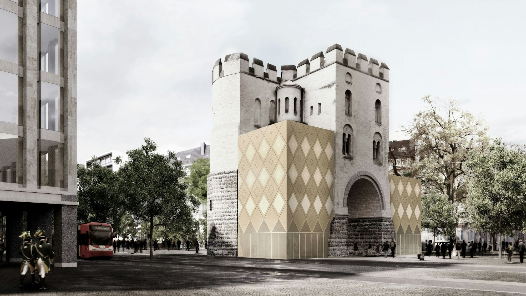 ie Fassade der beiden Anbauten sind mit Rautenfenstern durchbrochen. An der Nordseite sind vier, an der Südseite zwei Stockwerke geplant.