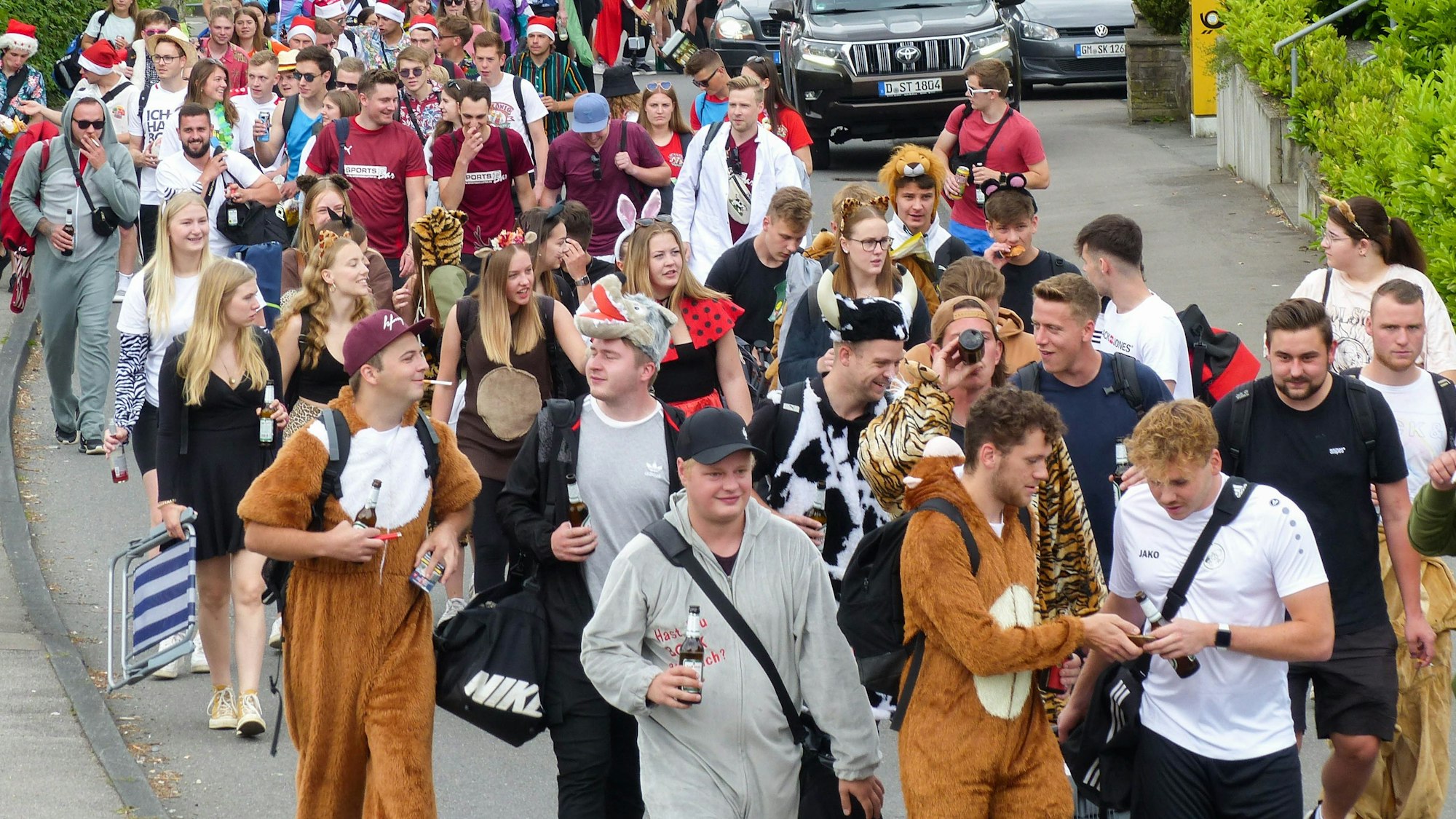 Der Frielingsdorf Umzug zeigt viele verkleidete Menschen.