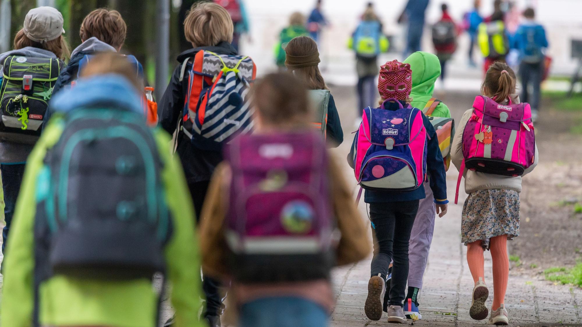 Schulkinder mit bunten Schulranzen von hinten