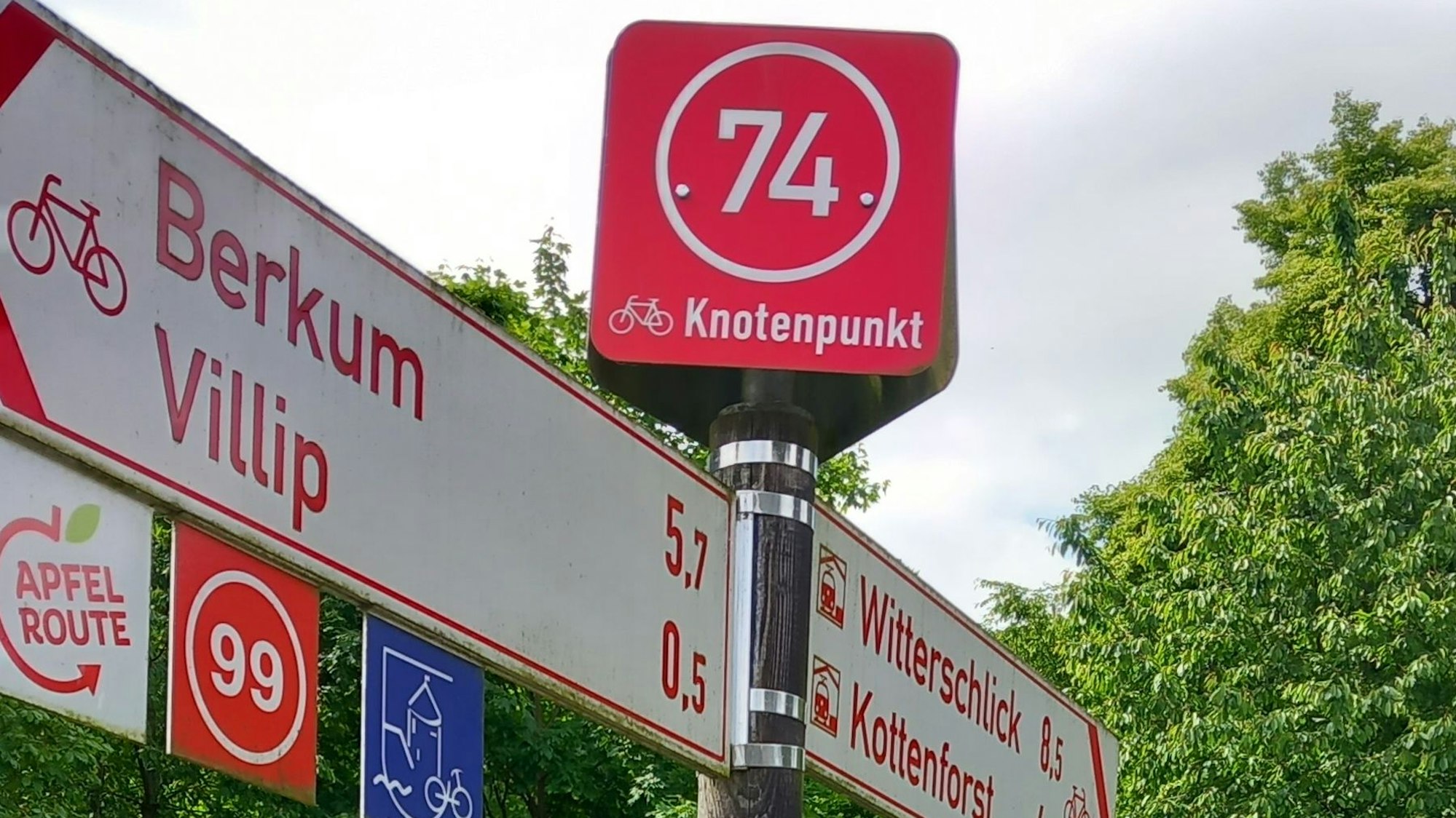Eine Säule mit Verkehrsschildern zeichnet einen Radverkehrsknoten am Schönwaldhaus bei Villiprott.
