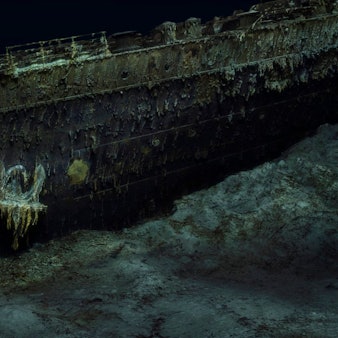 Diese von Atlantic/Magellan veröffentlichte Aufnahme eines digitalen Scans, der mithilfe von Tiefseekartierungen erstellt wurde, zeigt den Bug der Titanic in knapp 4000 Metern Tiefe auf dem Grund des Atlantiks.