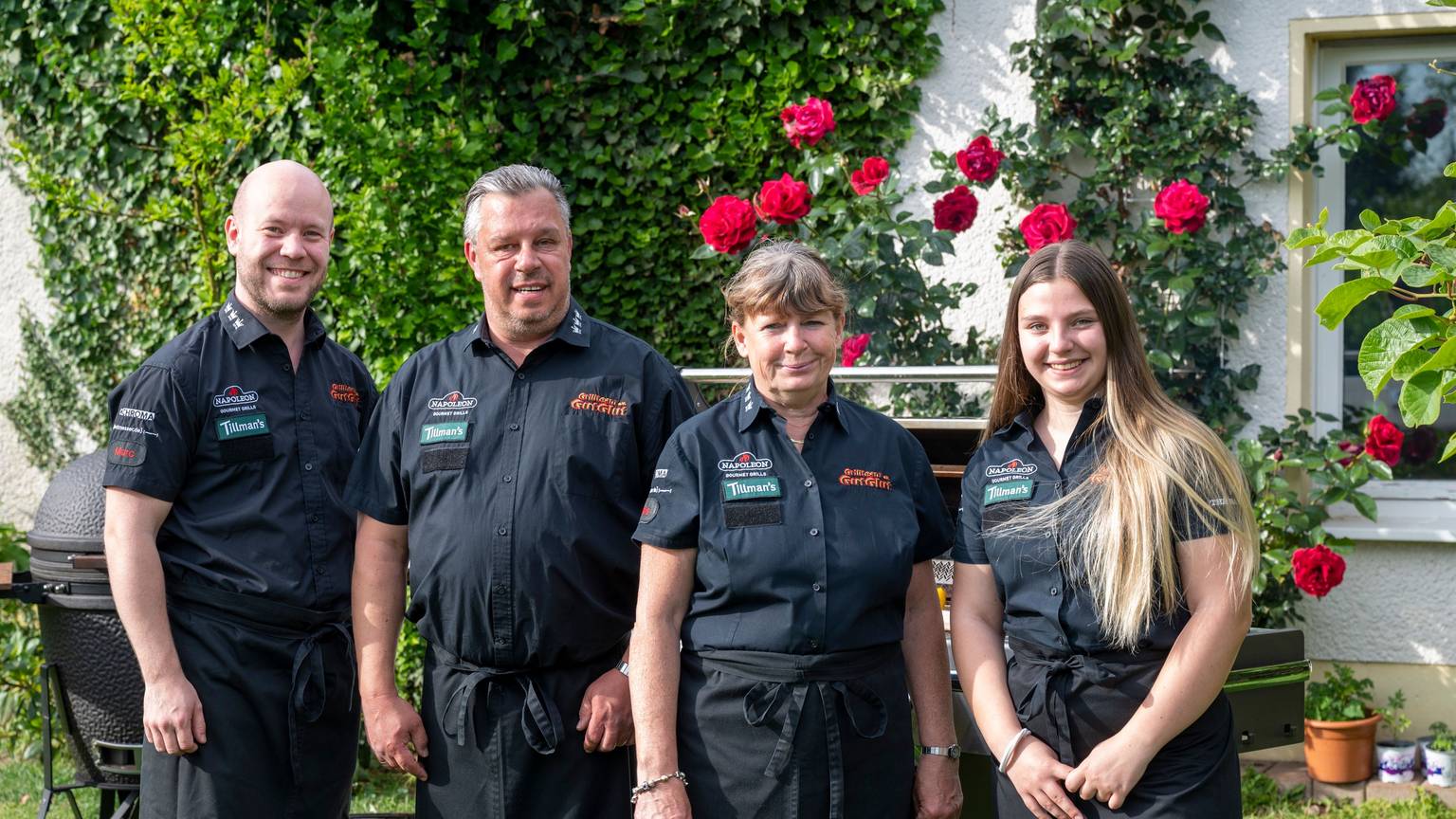 Das Grillteam „GutGlut e.V.“ aus Rösrath. Zu den besten Grillern Deutschlands gehören von links nach rechts Marc Kastleiner und Michael, Anke und Zoe Hoffmann.