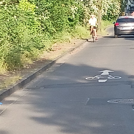 Auf einer Fahrradstraße Talweg in Troisdorf Oberla finden sich schadhafte Markierungen.