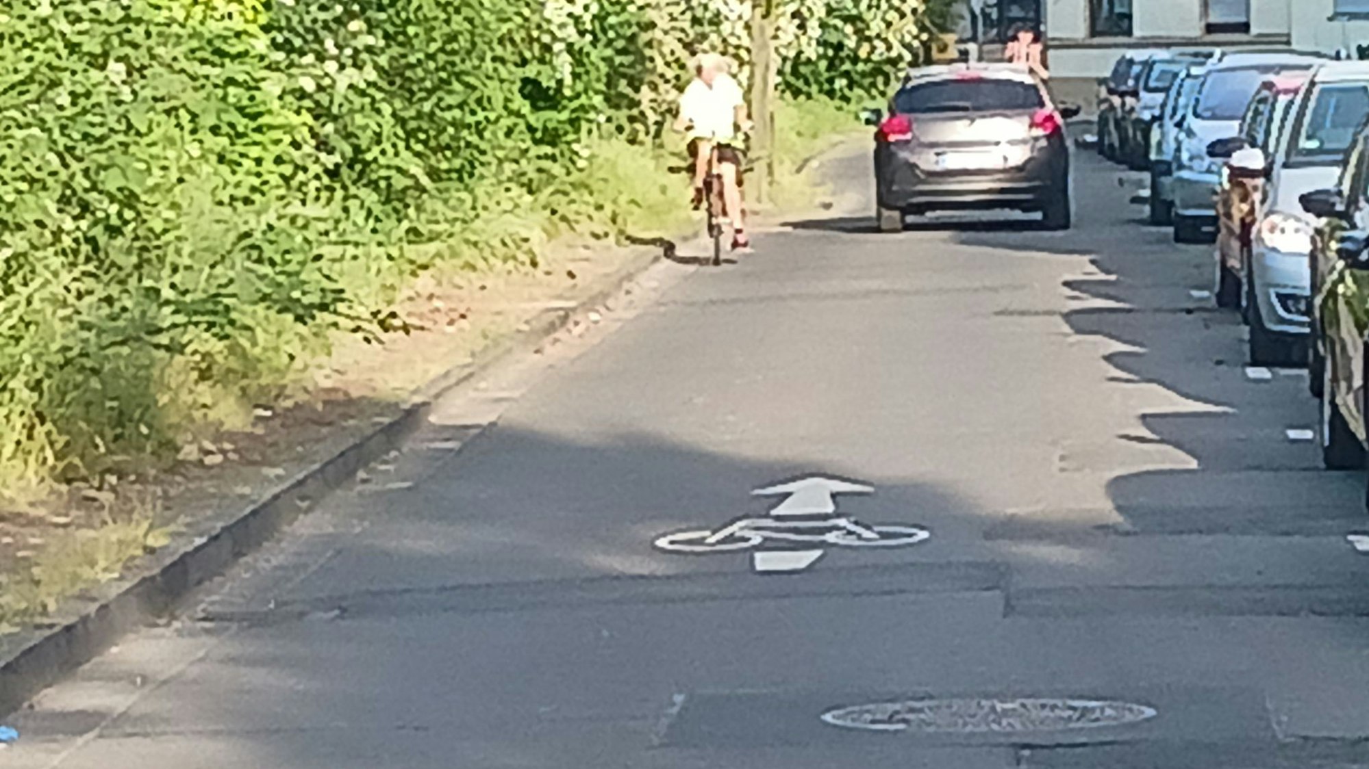 Auf einer Fahrradstraße Talweg in Troisdorf Oberla finden sich schadhafte Markierungen.