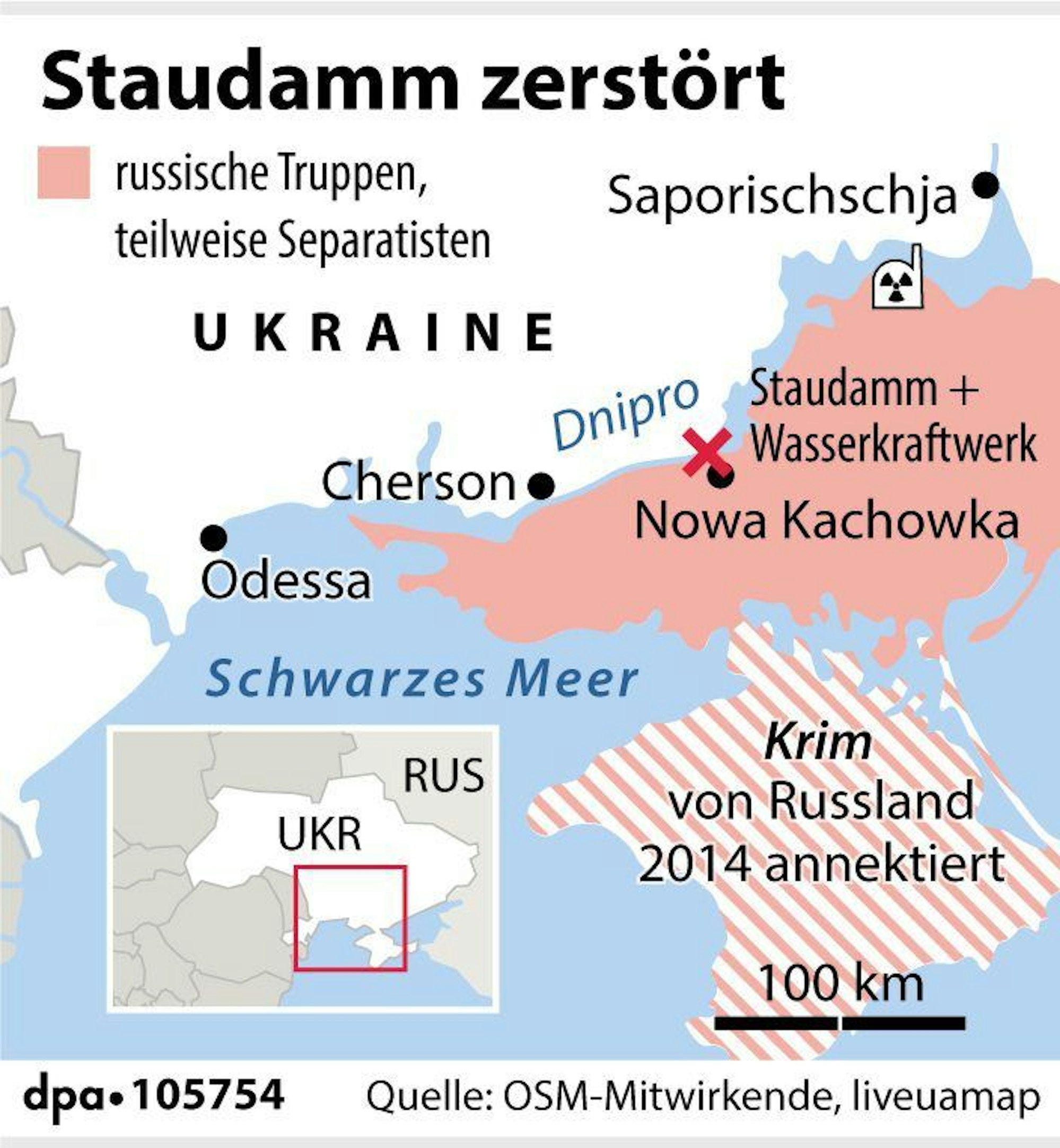 Die Grafik zeigt die Region rund um den Staudamm Nowa Kachowka.