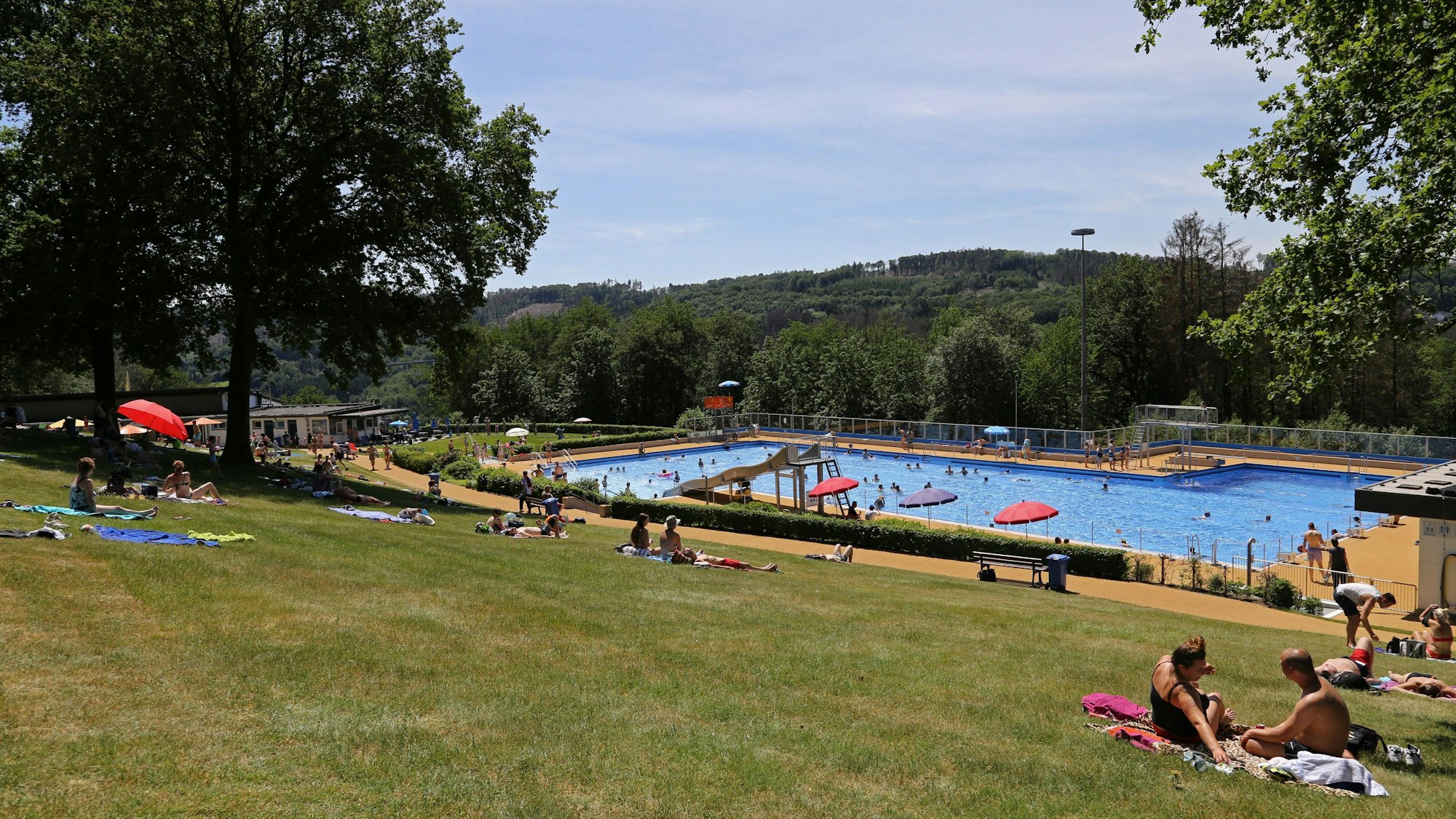 Das Panoramabad in Engelskirchen in einer Übersicht. Auf der Wiese sitzen einige Badegäste, andere schwimmen im Wasser im Hintergrund.